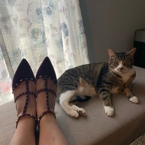 Maroon suede/gold studded kitten heels